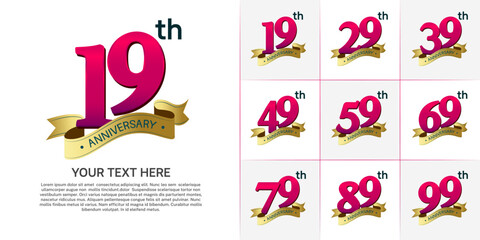 anniversary logotype set vector, purple color and gold ribbon for special day celebration