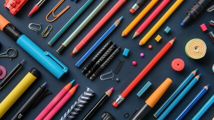 A colorful and vibrant display of school supplies, including pencils, pens, markers,