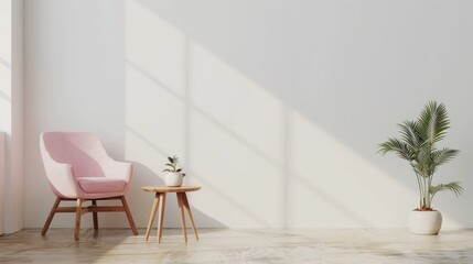 Fototapeta premium Simple living room with wooden table and pink chair against empty wall