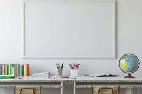 A white blank frame hung on the wall in a school interior with two desks, books, a globe, and drawing supplies. A teacher's desk was also present. A wide empty whiteboard was available - Powered by Adobe