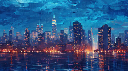 Obraz premium Vibrant Night Skyline of a Modern City with Reflections