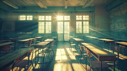An empty high school classroom with desks and chairs arranged in rows, bathed in soft sunlight filtering through the windows. The chalkboard is blank on one side of the room, symbolizing an 