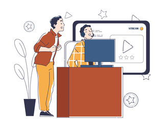 Game streamer concept. Man plays video games with friend. Popular blogger gamer sits at computer. Cyber sports competitions and tournament. Linear vector illustration isolated on white background