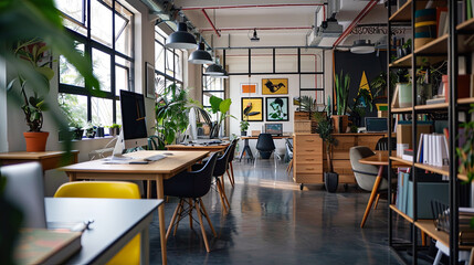 Naklejka premium Spacious open-plan office with large windows, natural light, ergonomic desks, modern art, and employees collaborating at stylish workstations. A perfect blend of style and productivity