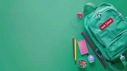 Photo of a backpack with school supplies on a green background, with text "back to School" banner template concept for education and study
