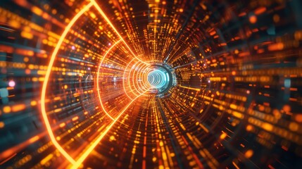 Obraz premium Abstract futuristic technology abstract background with lines for network, big data, data center, server, internet, speed. yellow and red neon lights into digital technology tunnel