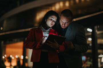 Young corporate business partners working late outside the office, focused on a digital tablet. Collaboration and teamwork concept.