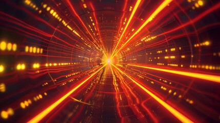 Fototapeta premium Abstract futuristic technology abstract background with lines for network, big data, data center, server, internet, speed. yellow and red neon lights into digital technology tunnel