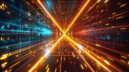 Naklejka premium Abstract futuristic technology abstract background with lines for network, big data, data center, server, internet, speed. yellow and red neon lights into digital technology tunnel
