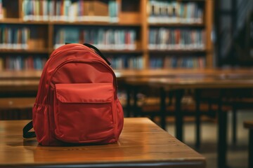 Red backpack on desk in school classroom, blurred background of library and desks . Back to School concept with copy space for text or design