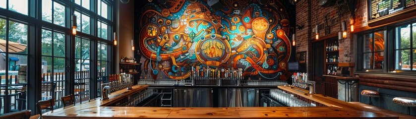 Obraz premium Artistic mural featuring beer-themed designs on the wall of a bar.
