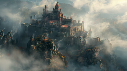 Fototapeta premium Majestic Castle on a Misty Mountain Peak Surrounded by Clouds
