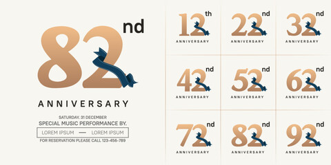 anniversary logotype set vector, brown color and dark blue ribbon for special day celebration