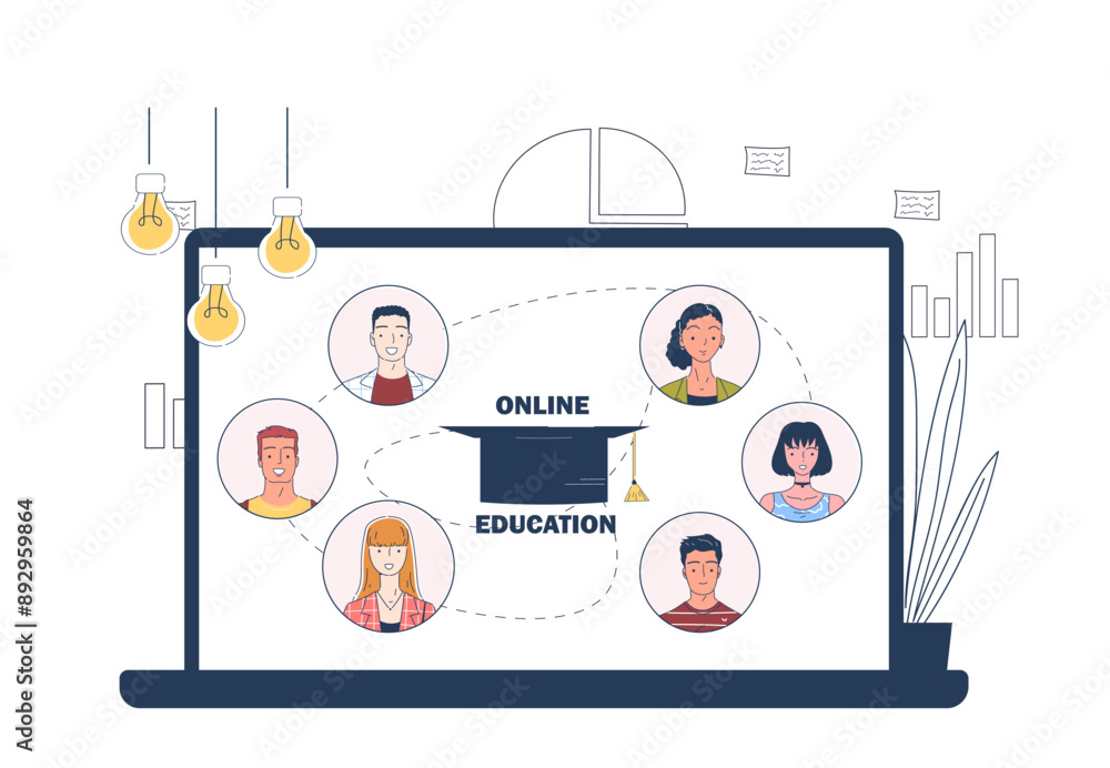 Poster online education concept. monitor with student avatars. lectures and lessons on internet. remote lea