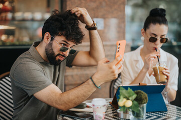Young man fixing his hair using a smart phone as a mirror while a woman enjoys an iced coffee at an outdoor cafe, using a tablet.