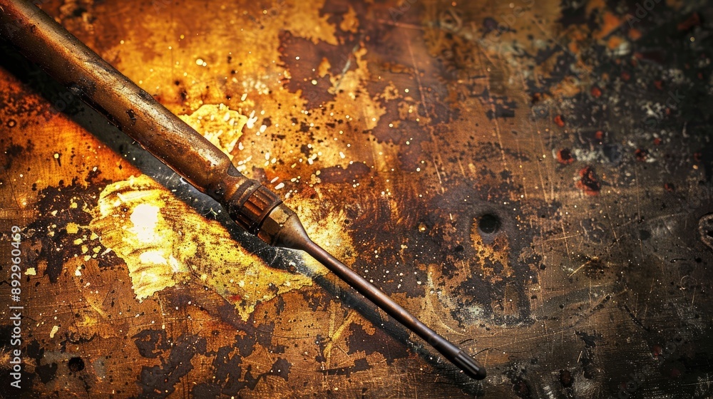Poster high contrast image of welding tool on grunge background with soft focus and backlight