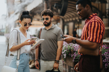 Group of business professionals engaging in a discussion while outdoors. They appear focused on a work-related task, using mobile devices and a tablet.