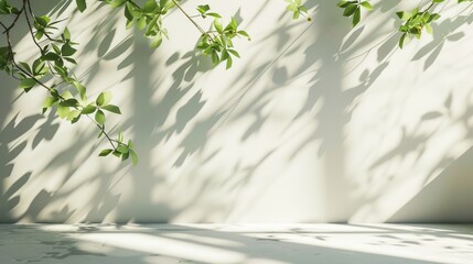 Sunlit green branch casting shadow on white wall and floor, empty space.