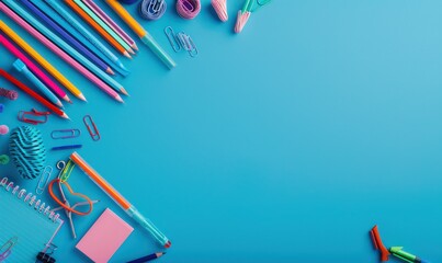 School supplies on a blue background with copy space, flat lay top view stock photo. Contest winner