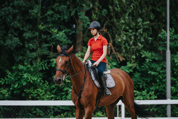 A young rider in a red shirt riding a brown horse at an equestrian ranch, surrounded by lush greenery.