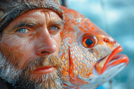 A serious-looking man with a weathered face poses next to a fish, set against an outdoor backdrop, capturing the essence of perseverance and dedication in fishing.