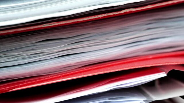 Red folder with documents.stack of red folders with documentation. Paper sheets in plastic folders close-up. Documents and important business papers. Accounting. 4k footage