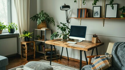 Comfortable Home Office Setup in the Living Room with Wooden Table and Computer
