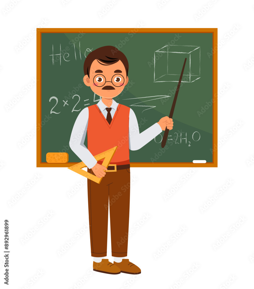 Poster male teacher concept. man with pointer stands near chalkboard with formulas. lecture at university o