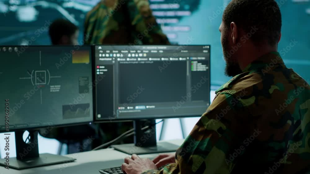 Poster soldier working with ai intelligence on pc in control room, processing live data on cctv systems. su