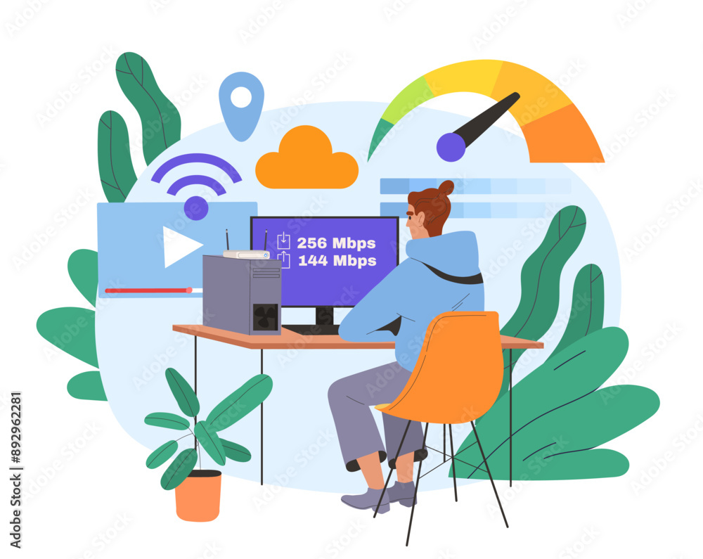 Poster man works at computer. remote employee and freelancer with online earnings. programmer and it specia
