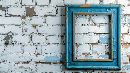 Naklejka premium Old blue frame on white brick wall with space for text