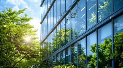 Architecture image with a modern glass building with a lot of green plants trees and bushes for business architecture environmental friendly and eco-concept 