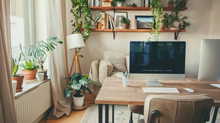 Comfortable Home Office Setup in the Living Room with Wooden Table and Computer