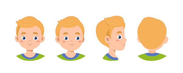 Set of boy heads. Blonde schoolboy from different angles of view. Pack of design elements for creating animations. Generator and constructor. Flat vector collection isolated on white background