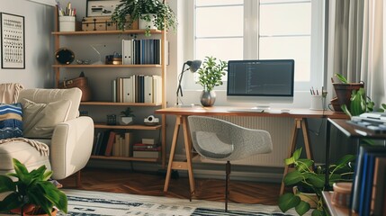 Comfortable Home Office Setup in the Living Room with Wooden Table and Computer