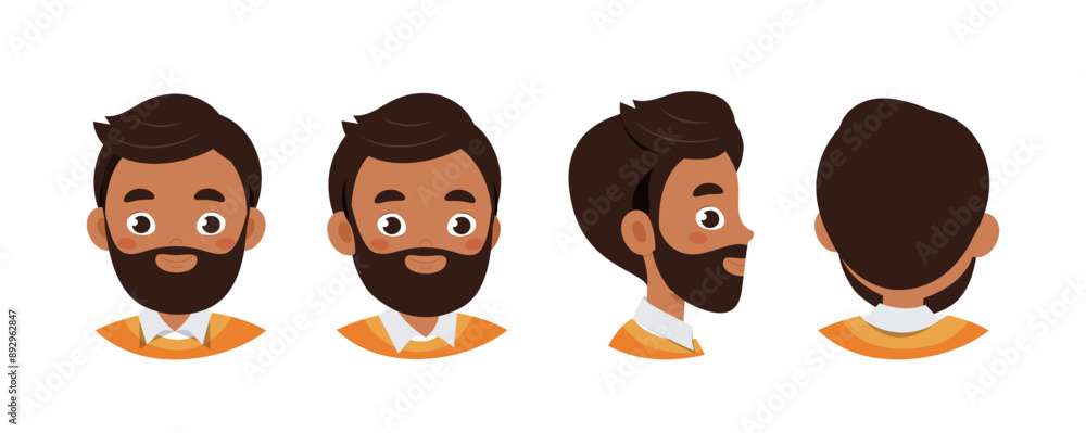 Poster set of man heads. adult with beard from different angles of view. pack of design elements for creati
