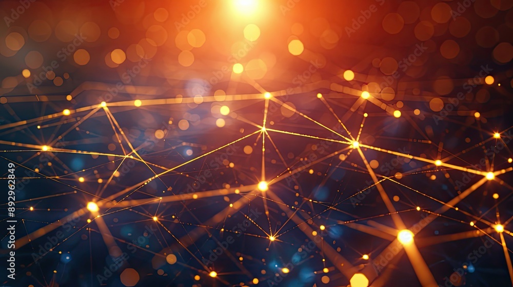 Poster abstract business technology background featuring a network of interconnected nodes and light flares
