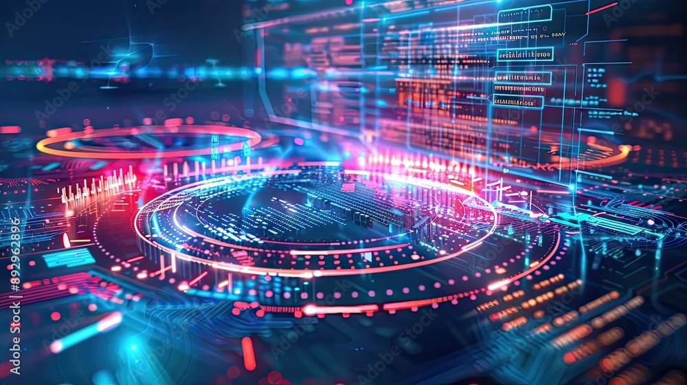 Poster abstract business technology background with colorful holographic displays and futuristic ui element