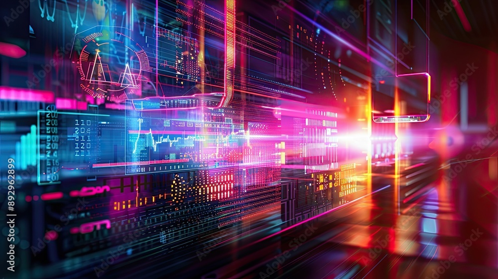 Poster abstract business technology background with colorful holographic displays and futuristic ui element