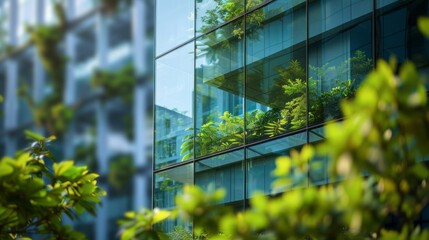 Architecture image with a modern glass building with a lot of green plants trees and bushes for business architecture environmental friendly and eco-concept 