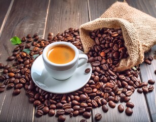 Espresso and Coffee Beans in burlap bag. Espresso in white square espresso cup surrounded by coffee beans spilling over from a burlap bag