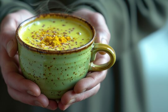 A person is holding a green mug with a yellow substance in it