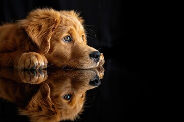 Obraz premium A dog is laying on a black surface with its head tilted to the side