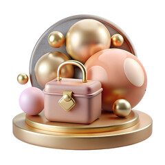 Obraz premium 3D stylized pink shopping bag with golden bow, set against colorful abstract shapes. Luxury plastic design.