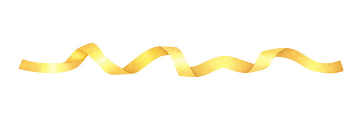 Shiny yellow, golden serpentine ribbon with curls isolated on white background. Hand drawn watercolor illustration. Holiday decoration for design, cards, invitations, congratulations, packaging, print