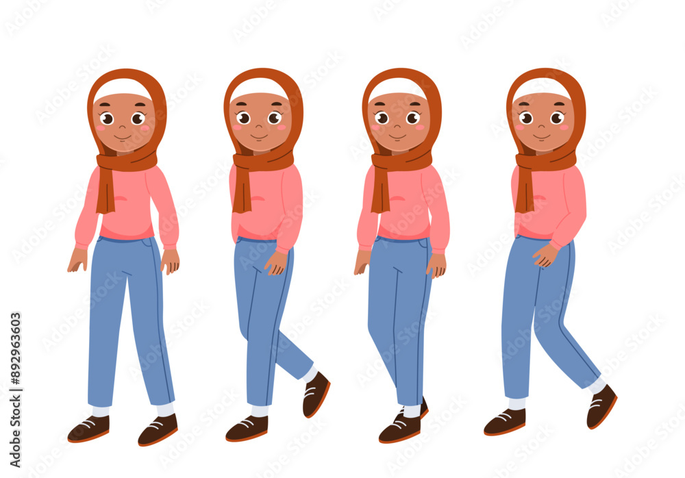 Poster muslim woman set. islamic person in hijab. pack of characters in different viewing angles. design el