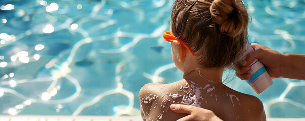 Child by the Pool Getting Sunscreen Applied on a Sunny Day