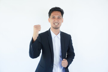 Asian businessman clenched fist showing optimist expression