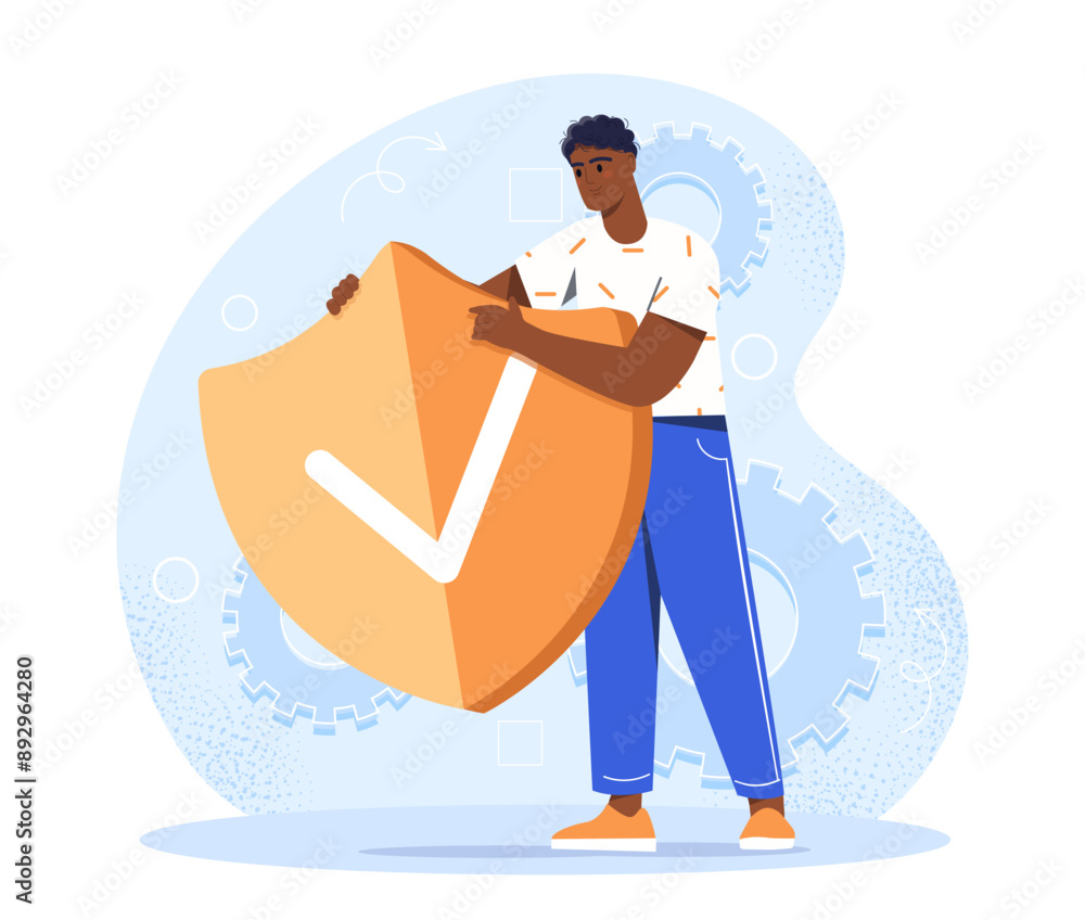 Poster online virus protection shield. man with antivirus. security of personal information on internet. pr