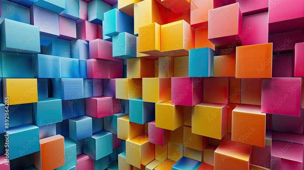 Poster bright and colorful 3d cubes arranged in a mesmerizing pattern with dynamic shadows and light
